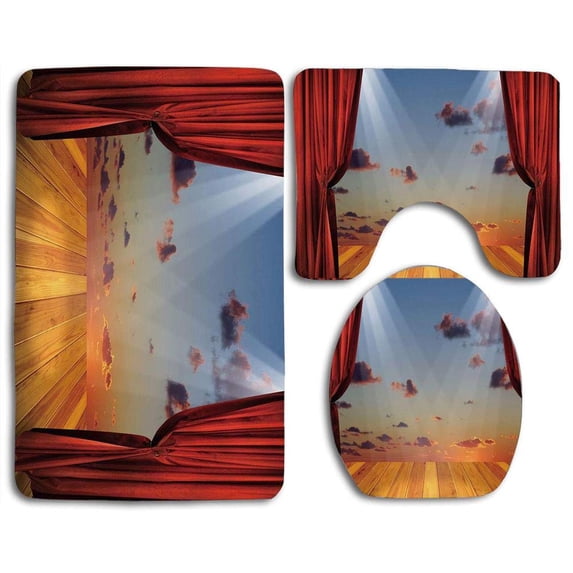 PUDMAD Musical Theatre Home Dreamlike Fantasy Stage Drapes Dramatic Cloudy Sunset Sky 3 Piece Bathroom Rugs Set Bath Rug Contour Mat and Toilet Lid Cover