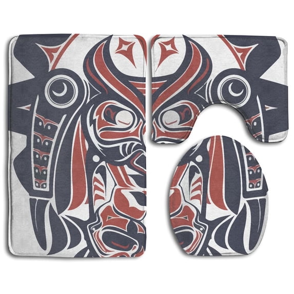 PUDMAD Mysterious Tribal Mask 3 Piece Bathroom Rugs Set Bath Rug Contour Mat and Toilet Lid Cover