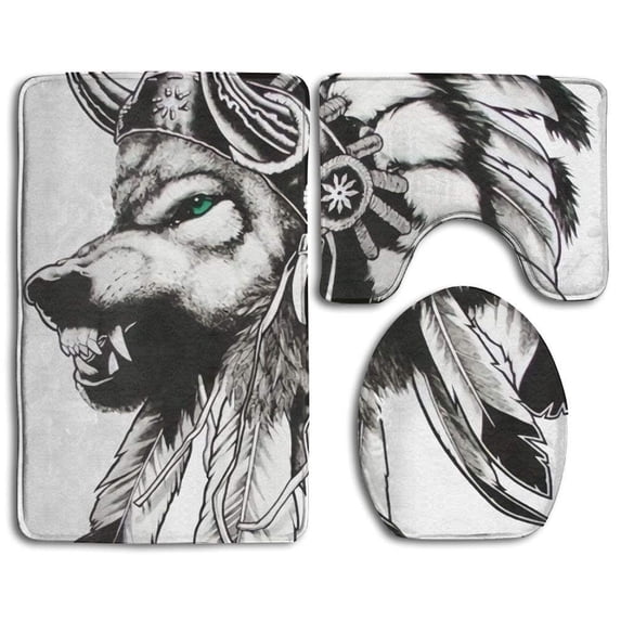 PUDMAD Mysterious Tribal Wolf 3 Piece Bathroom Rugs Set Bath Rug Contour Mat and Toilet Lid Cover