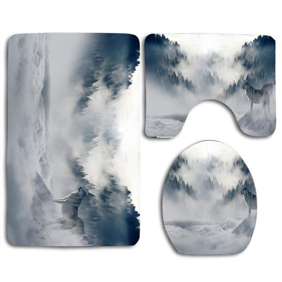 PUDMAD Mysterious Wolf in Fog 3 Piece Bathroom Rugs Set Bath Rug Contour Mat and Toilet Lid Cover