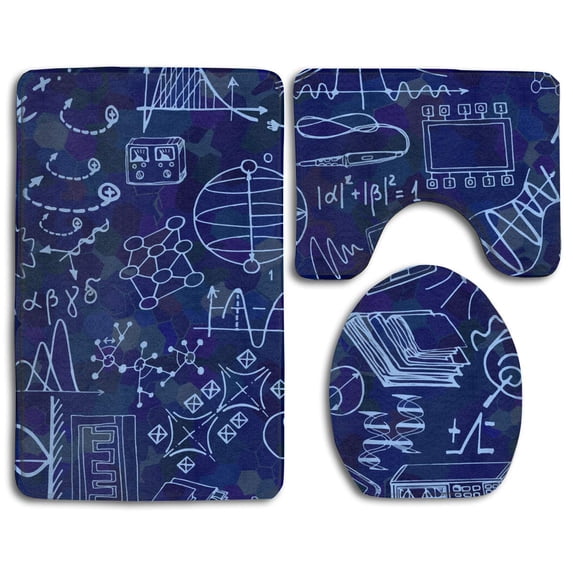PUDMAD Nanotechnology and Physics Sketch Elements Science 3 Piece Bathroom Rugs Set Bath Rug Contour Mat and Toilet Lid Cover
