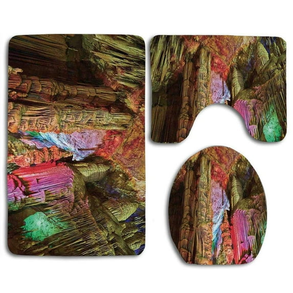 PUDMAD Natural Cave Colorful Geological Cistern Rainwater Harvest Luminous Reflections 3 Piece Bathroom Rugs Set Bath Rug Contour Mat and Toilet Lid Cover