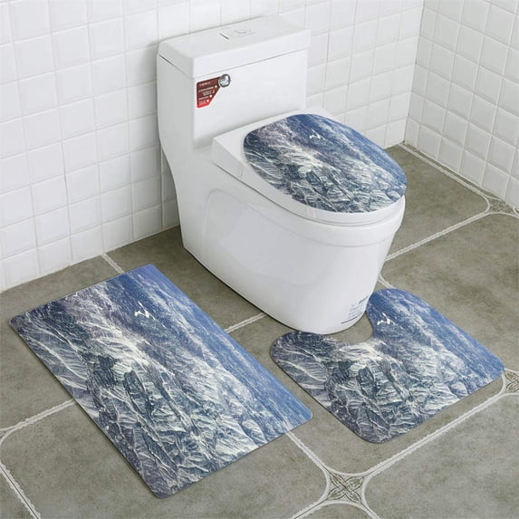 PUDMAD Natural View Mountains 3 Piece Bathroom Rugs Set Bath Rug Contour Mat and Toilet Lid Cover