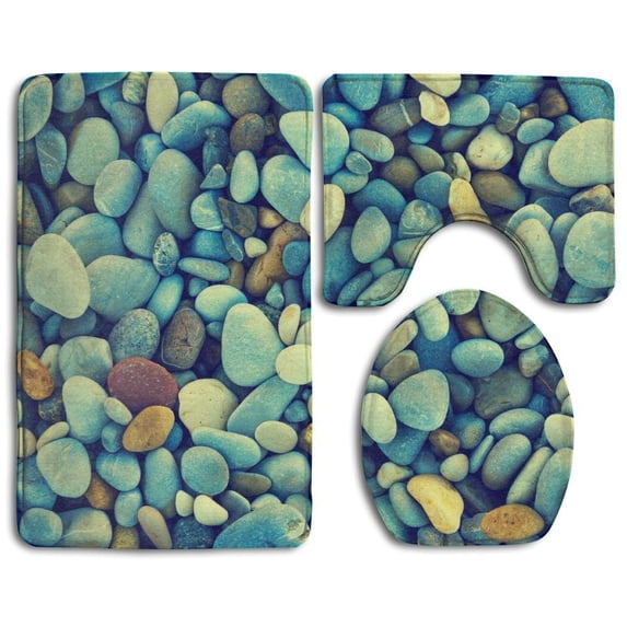 PUDMAD Natural Vintage Colorful Pebbles 3 Piece Bathroom Rugs Set Bath Rug Contour Mat and Toilet Lid Cover