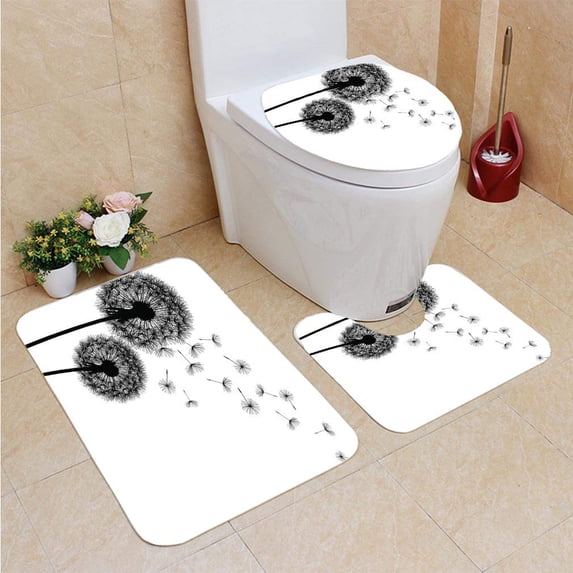 PUDMAD Nature Dandelion Silhouette 3 Piece Bathroom Rugs Set Bath Rug Contour Mat and Toilet Lid Cover