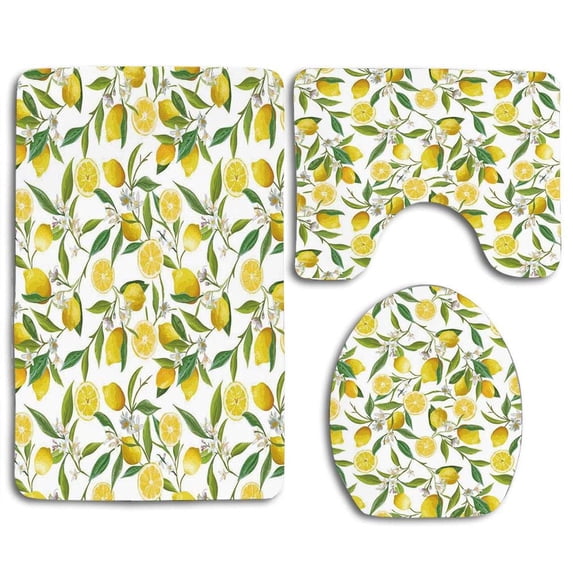 PUDMAD Nature Exotic Lemon Tree Branches Yummy Delicious Kitchen Gardening 3 Piece Bathroom Rugs Set Bath Rug Contour Mat and Toilet Lid Cover