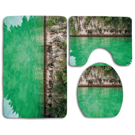 PUDMAD Nature Lagoon KOH Hong Krabi Thailand Cliff Reflection on Sea Tropical Seascape Fern Warm Taupe 3 Piece Bathroom Rugs Set Bath Rug Contour Mat and Toilet Lid Cover