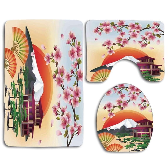 PUDMAD Nature Sakura Blossom Art Flying Petals Fans Bonsai Pagoda Mountain Rising Sun 3 Piece Bathroom Rugs Set Bath Rug Contour Mat and Toilet Lid Cover