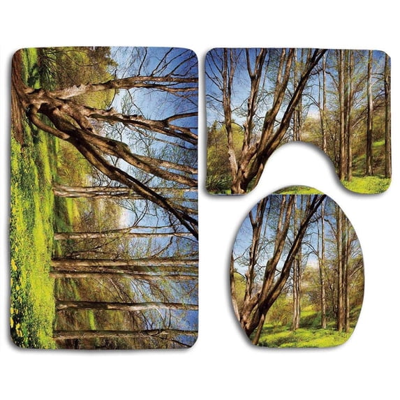 PUDMAD Nature Spring Forest Flower Field Trees Dreamy Eco in Sunny Open Sky 3 Piece Bathroom Rugs Set Bath Rug Contour Mat and Toilet Lid Cover