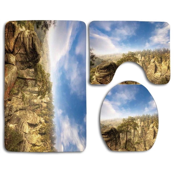 PUDMAD Nature Wonders World National Park Rock Formation Czech Sky Olive 3 Piece Bathroom Rugs Set Bath Rug Contour Mat and Toilet Lid Cover