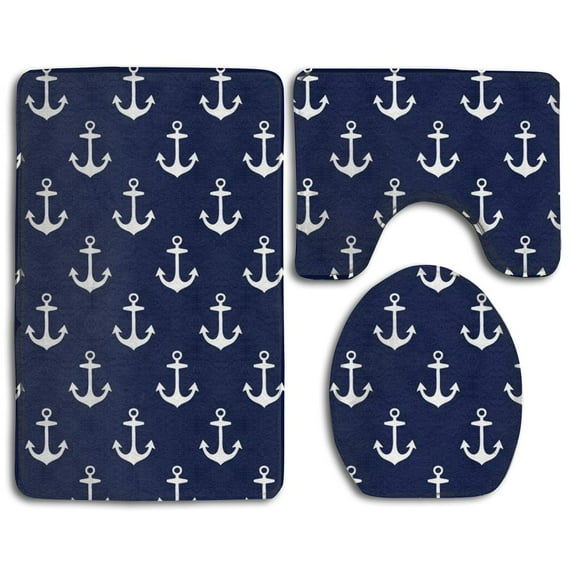 PUDMAD Nautical Anchor 3 Piece Bathroom Rugs Set Bath Rug Contour Mat and Toilet Lid Cover
