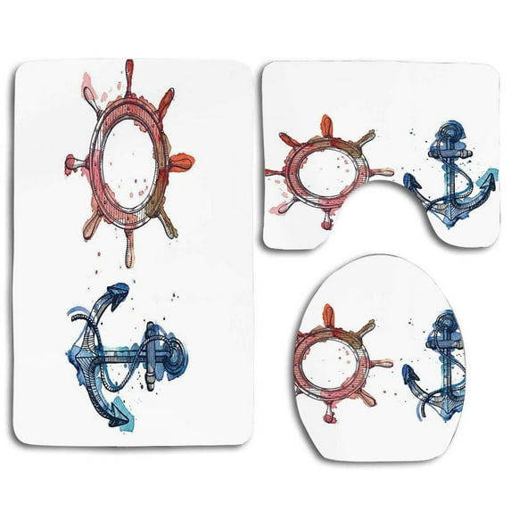 PUDMAD Nautical an Anchor and Steering Wheel Watercolors Splashes Ink Brush Effects 3 Piece Bathroom Rugs Set Bath Rug Contour Mat and Toilet Lid Cover