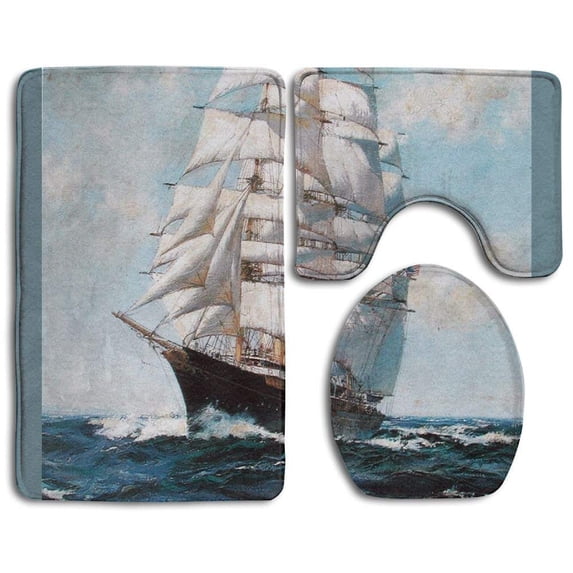 PUDMAD Nautical Boat Navigation 3 Piece Bathroom Rugs Set Bath Rug Contour Mat and Toilet Lid Cover