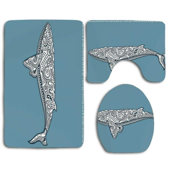 PUDMAD Nautical Ethnic Whale Fish Totem Symbol Kitsch Paisley slate Blue White 3 Piece Bathroom Rugs Set Bath Rug Contour Mat and Toilet Lid Cover