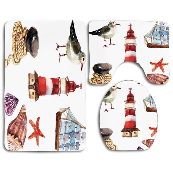 PUDMAD Nautical Nautical Theme Elements Seagull Boat Lighthouse Shell Starfish Island Watercolor Style 3 Piece Bathroom Rugs Set Bath Rug Contour Mat and Toilet Lid Cover