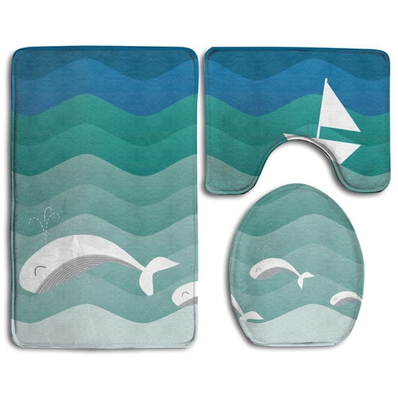 PUDMAD Nautical Theme Paper Boat Sea Happy Dolphins 3 Piece Bathroom Rugs Set Bath Rug Contour Mat and Toilet Lid Cover