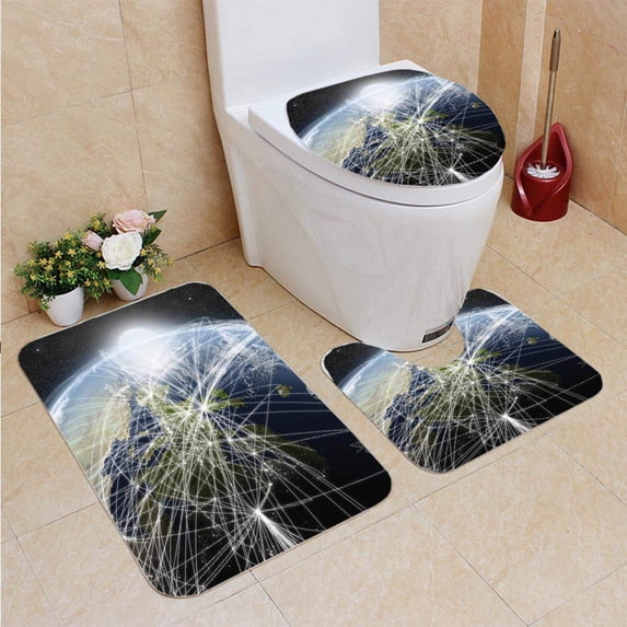PUDMAD Network Over Europe 3 Piece Bathroom Rugs Set Bath Rug Contour Mat and Toilet Lid Cover