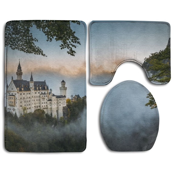 PUDMAD New Swan Stone Castle Autumn 3 Piece Bathroom Rugs Set Bath Rug Contour Mat and Toilet Lid Cover