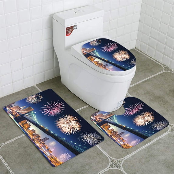 PUDMAD New Year Fireworks in New York 3 Piece Bathroom Rugs Set Bath Rug Contour Mat and Toilet Lid Cover