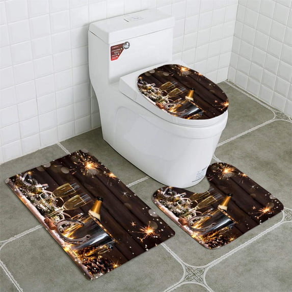 PUDMAD New Years Eve Celebration 3 Piece Bathroom Rugs Set Bath Rug Contour Mat and Toilet Lid Cover