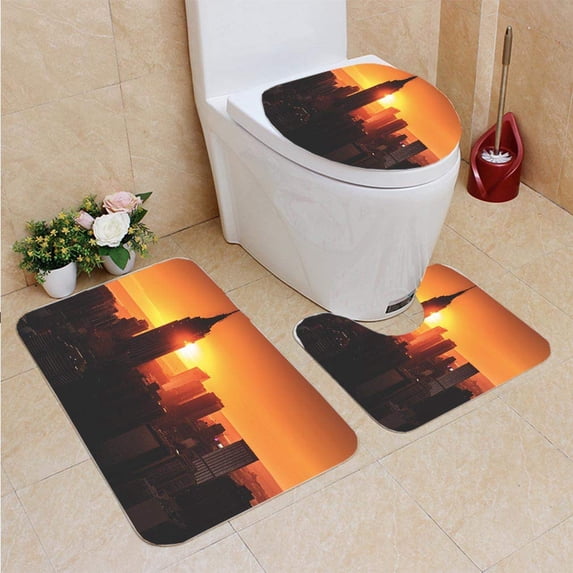 PUDMAD New York City Aerial View Skyline Empire Building 3 Piece Bathroom Rugs Set Bath Rug Contour Mat and Toilet Lid Cover