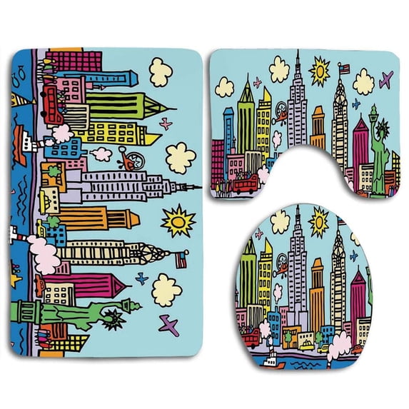 PUDMAD New York City in Cartoon Style Colorful Childlike Drawing Kids Room Nursery 3 Piece Bathroom Rugs Set Bath Rug Contour Mat and Toilet Lid Cover