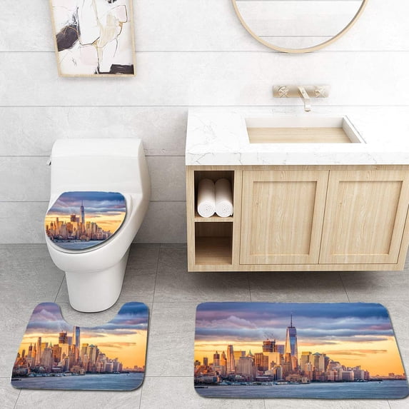 PUDMAD New York City Dawn 3 Piece Bathroom Rugs Set Bath Rug Contour Mat and Toilet Lid Cover