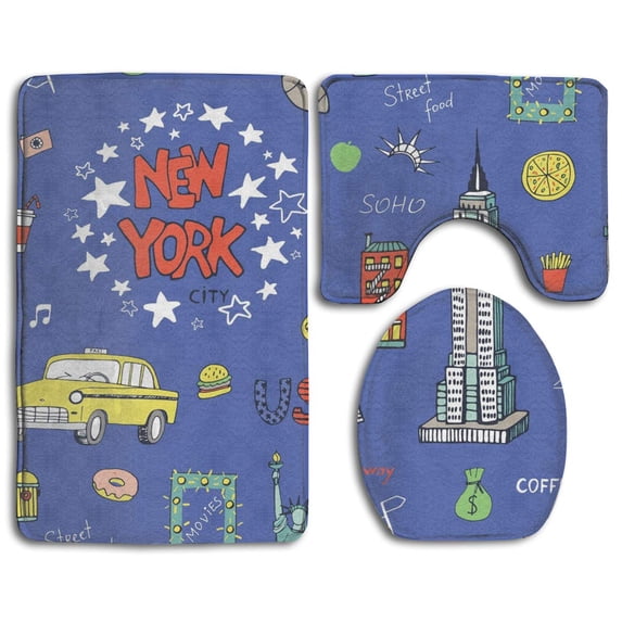 PUDMAD New York Scenery 3 Piece Bathroom Rugs Set Bath Rug Contour Mat and Toilet Lid Cover