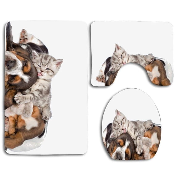 PUDMAD Newborn Kitten Lying on Puppies Basset Hound Licks Sleeping Cuddle 3 Piece Bathroom Rugs Set Bath Rug Contour Mat and Toilet Lid Cover