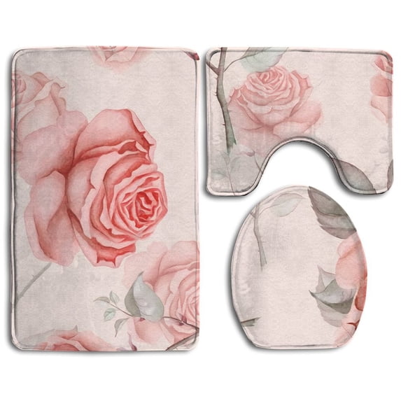 PUDMAD Nice Pink Rose 3 Piece Bathroom Rugs Set Bath Rug Contour Mat and Toilet Lid Cover