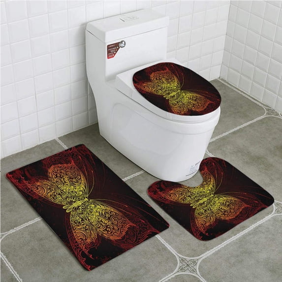 PUDMAD Night Butterfly 3 Piece Bathroom Rugs Set Bath Rug Contour Mat and Toilet Lid Cover