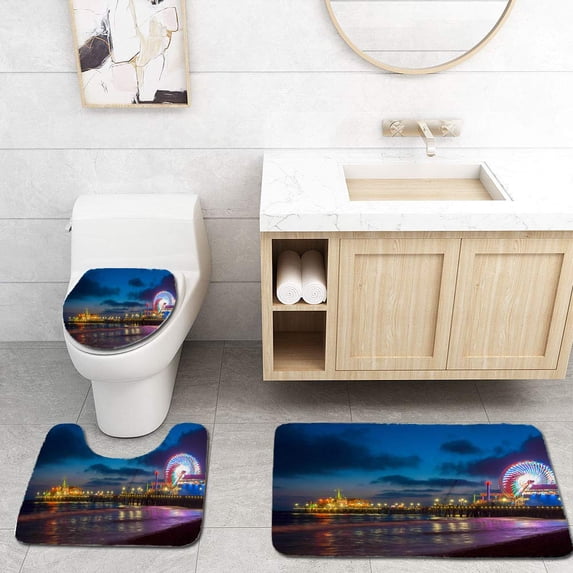PUDMAD Night Los Angeles Ferris Wheel in Santa Monica California USA 3 Piece Bathroom Rugs Set Bath Rug Contour Mat and Toilet Lid Cover