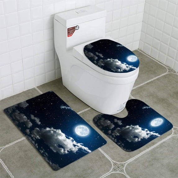 PUDMAD Night Sky 3 Piece Bathroom Rugs Set Bath Rug Contour Mat and Toilet Lid Cover