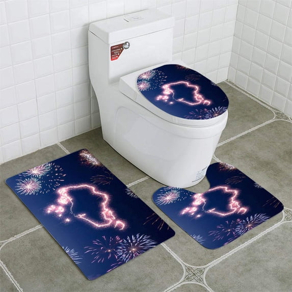 PUDMAD Night Sky Fireworks Shaped as Singapore Series 3 Piece Bathroom Rugs Set Bath Rug Contour Mat and Toilet Lid Cover