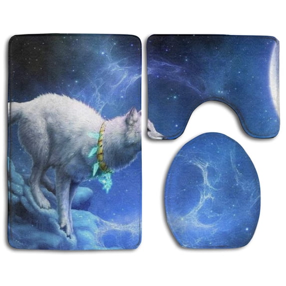 PUDMAD Night Wolf 3 Piece Bathroom Rugs Set Bath Rug Contour Mat and Toilet Lid Cover