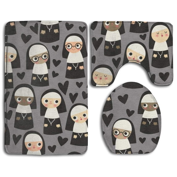PUDMAD Nuns On Gray 3 Piece Bathroom Rugs Set Bath Rug Contour Mat and Toilet Lid Cover