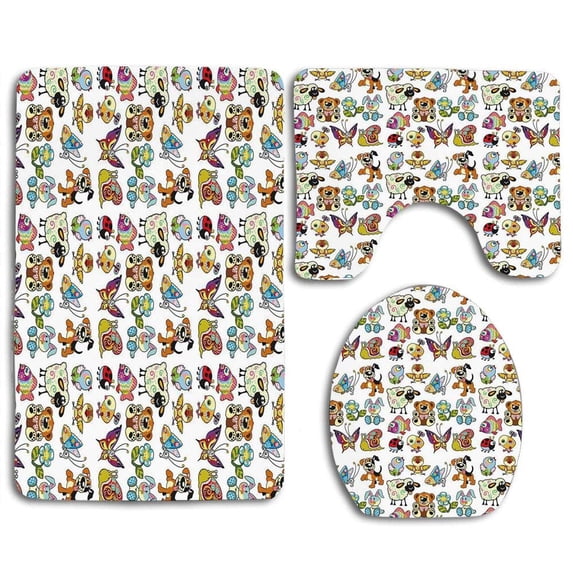 PUDMAD Nursery Collection Cartoon Adorable Funny Toy Figures Play Time Childhood Theme 3 Piece Bathroom Rugs Set Bath Rug Contour Mat and Toilet Lid Cover