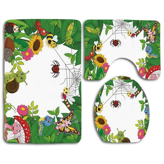 PUDMAD Nursery Happy Little Butterflies Bugs Insects Comic Caterpillars Dragonflies Spider Web 3 Piece Bathroom Rugs Set Bath Rug Contour Mat and Toilet Lid Cover