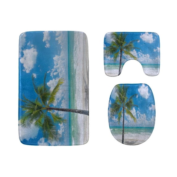 PUDMAD Ocean Beach Coconut Palm Tree On Blue Sky 3 Piece Bathroom Rugs Set Bath Rug Contour Mat and Toilet Lid Cover