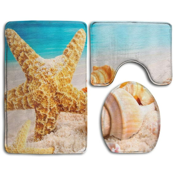PUDMAD Ocean Beach Starfish Shell 3 Piece Bathroom Rugs Set Bath Rug Contour Mat and Toilet Lid Cover