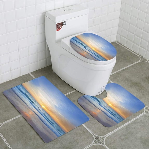 PUDMAD Ocean Beach Sunset 3 Piece Bathroom Rugs Set Bath Rug Contour Mat and Toilet Lid Cover