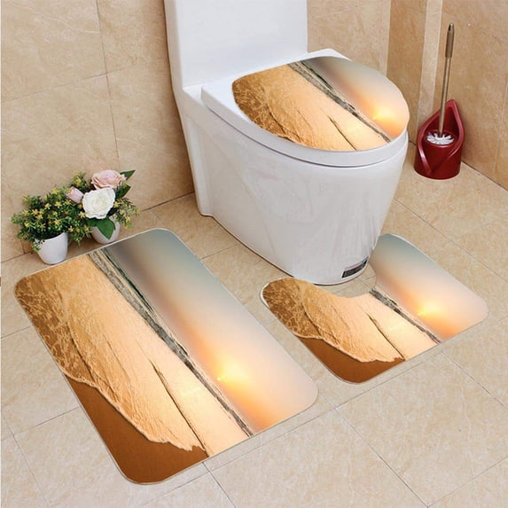 PUDMAD Ocean Beach Sunset Landscape View 3 Piece Bathroom Rugs Set Bath Rug Contour Mat and Toilet Lid Cover