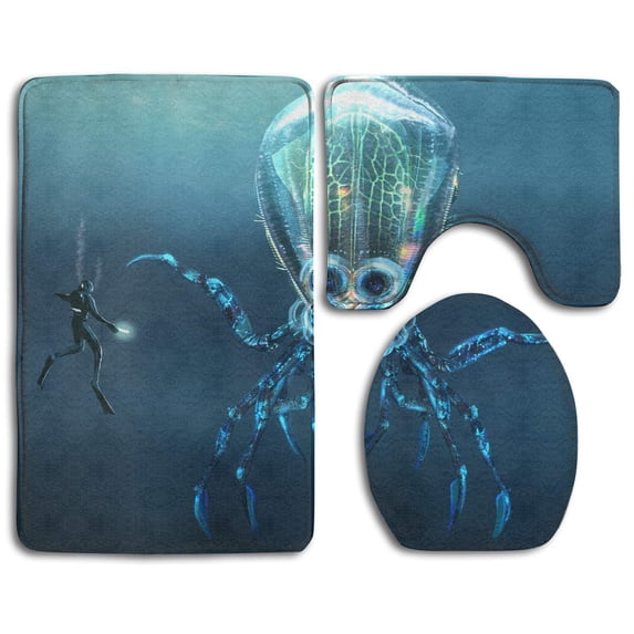 PUDMAD Ocean Crab Octopus 3 Piece Bathroom Rugs Set Bath Rug Contour Mat and Toilet Lid Cover