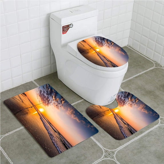 PUDMAD Ocean Fishing at Sunrise or Sunset 3 Piece Bathroom Rugs Set Bath Rug Contour Mat and Toilet Lid Cover