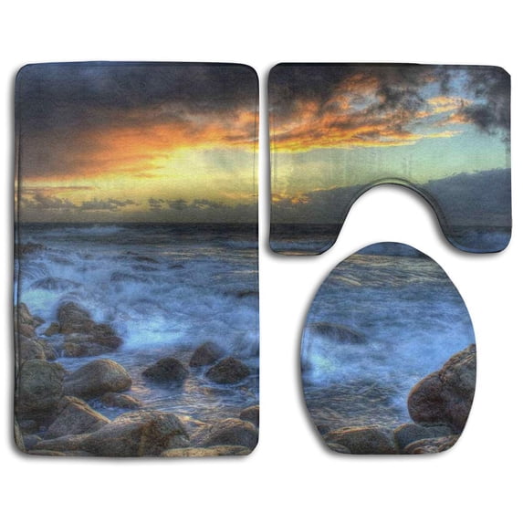 PUDMAD Ocean Great Wave 3 Piece Bathroom Rugs Set Bath Rug Contour Mat and Toilet Lid Cover