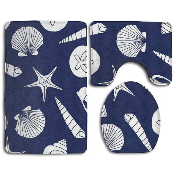 PUDMAD Ocean Seashells 3 Piece Bathroom Rugs Set Bath Rug Contour Mat and Toilet Lid Cover