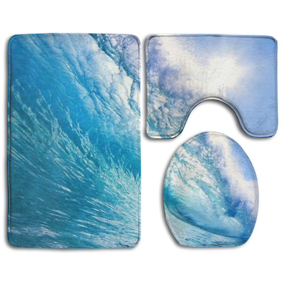 PUDMAD Ocean Waves 3 Piece Bathroom Rugs Set Bath Rug Contour Mat and Toilet Lid Cover