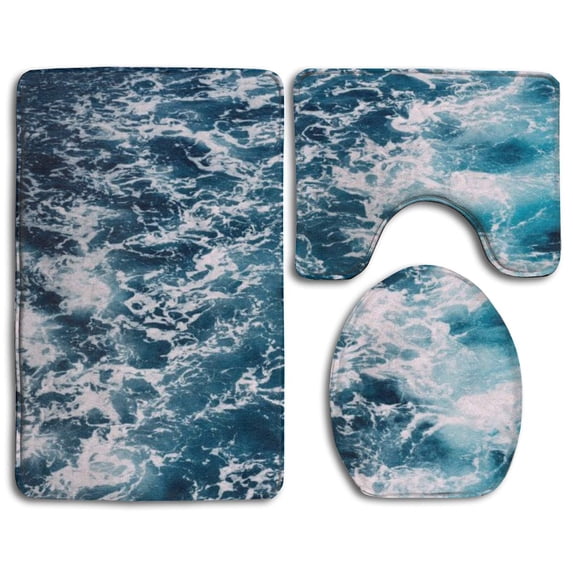 PUDMAD Ocean Waves Sea Foam 3 Piece Bathroom Rugs Set Bath Rug Contour Mat and Toilet Lid Cover