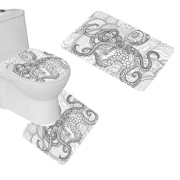 PUDMAD Octopus 3 Piece Bathroom Rugs Set Bath Rug Contour Mat and Toilet Lid Cover