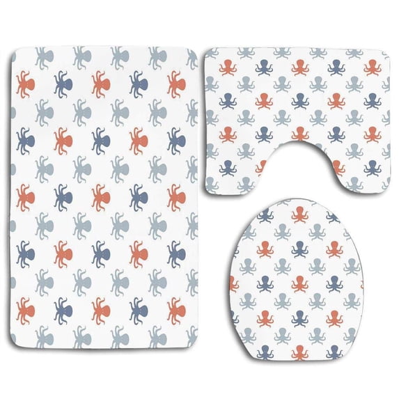PUDMAD Octopus Ocean Tentacles Silhouettes Sea Life Underwater Wildlife Abstract 3 Piece Bathroom Rugs Set Bath Rug Contour Mat and Toilet Lid Cover